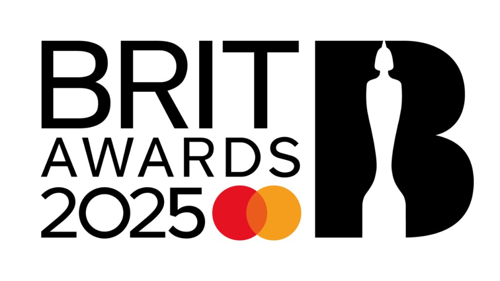 The logo for the BRIT Awards 2025 with this text, a red and orange dot, and a black and white image of an award statuette